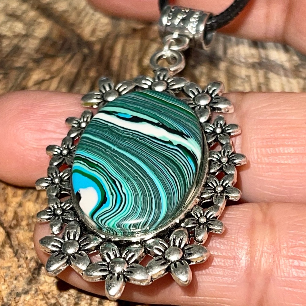 Green & White Rainbow Calsilica Pendant 2 1/4”